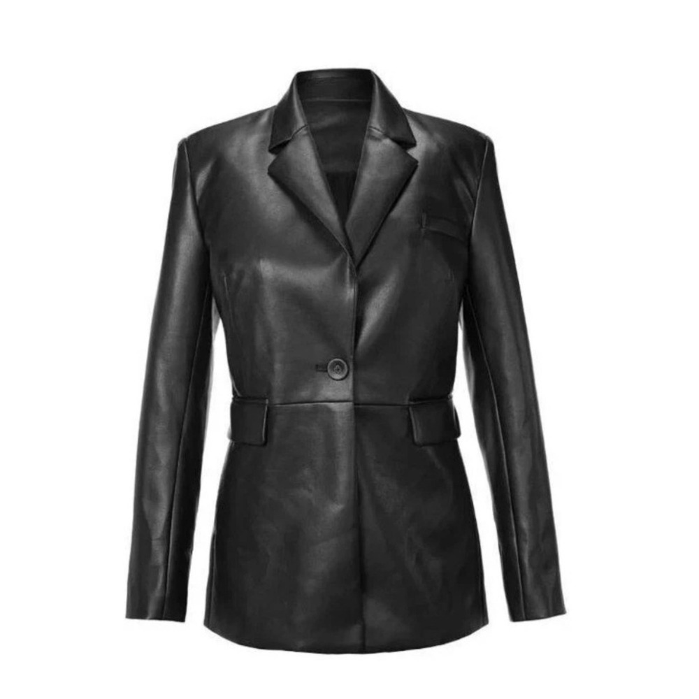 Cabi 4495 James Black Faux Leather Single Button Tailored Blazer Jacket Size M